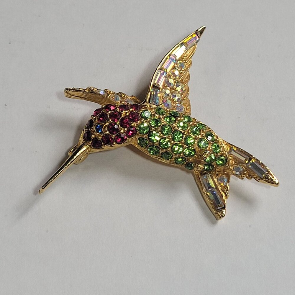 Vintage Hummingbird Brooch Signed Pell and MB Gold Tone Red Green Rhinestone